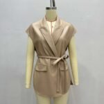 Women's Faux Leather Vest, Lapel Collar Sleeveless Casual Work Jacket With Belt - Image 8