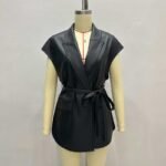 Women's Faux Leather Vest, Lapel Collar Sleeveless Casual Work Jacket With Belt - Image 4