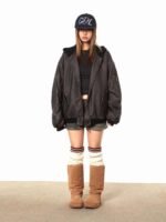 Vintage Distressed Leather Coat Hooded Cotton Jacket - Image 5