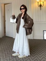Vintage Coffee Color Leather Coat Women Loose - Image 3