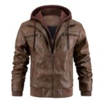 Men's Faux Leather Jacket Motorcycle Jacket Waterproof Windproof PU Moto Vintage Bomber Hoodie With Removable Hood - Image 4