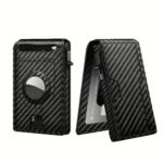 Men's Carbon Fiber RFID Blocking Bi-Fold Wallet With Pop-Up Aluminum Card Slot And AirTag Slot - Minimalist Black Credit Card Holder - Image 2