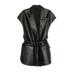 Women's Faux Leather Vest, Lapel Collar Sleeveless Casual Work Jacket With Belt - Image 3