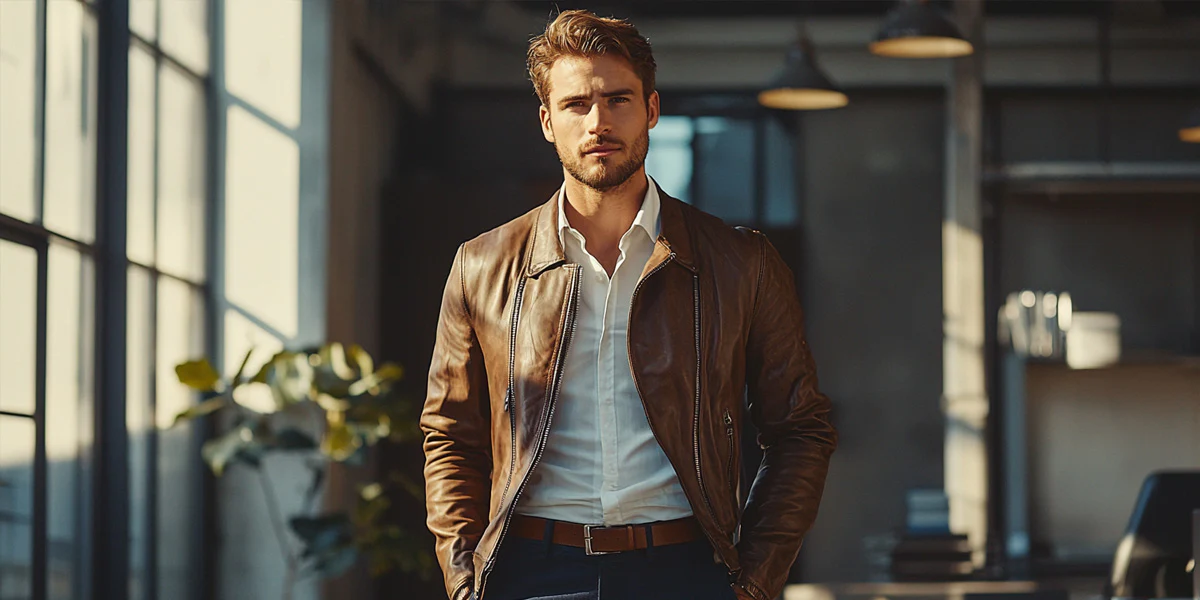 leather biker jacket with button down t-shirt