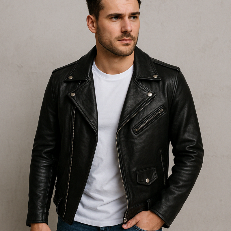 leather biker jacket with a plain t-shitrt