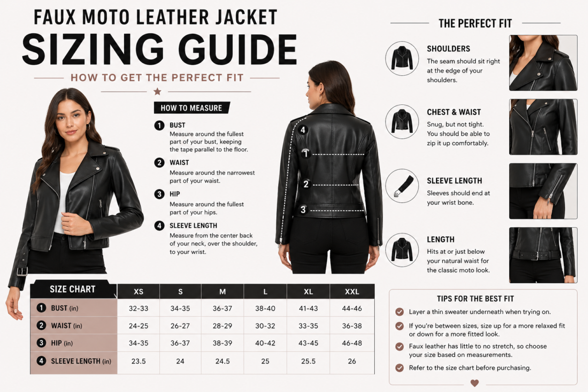 Faux Moto Leather Jacket Sizing Guide