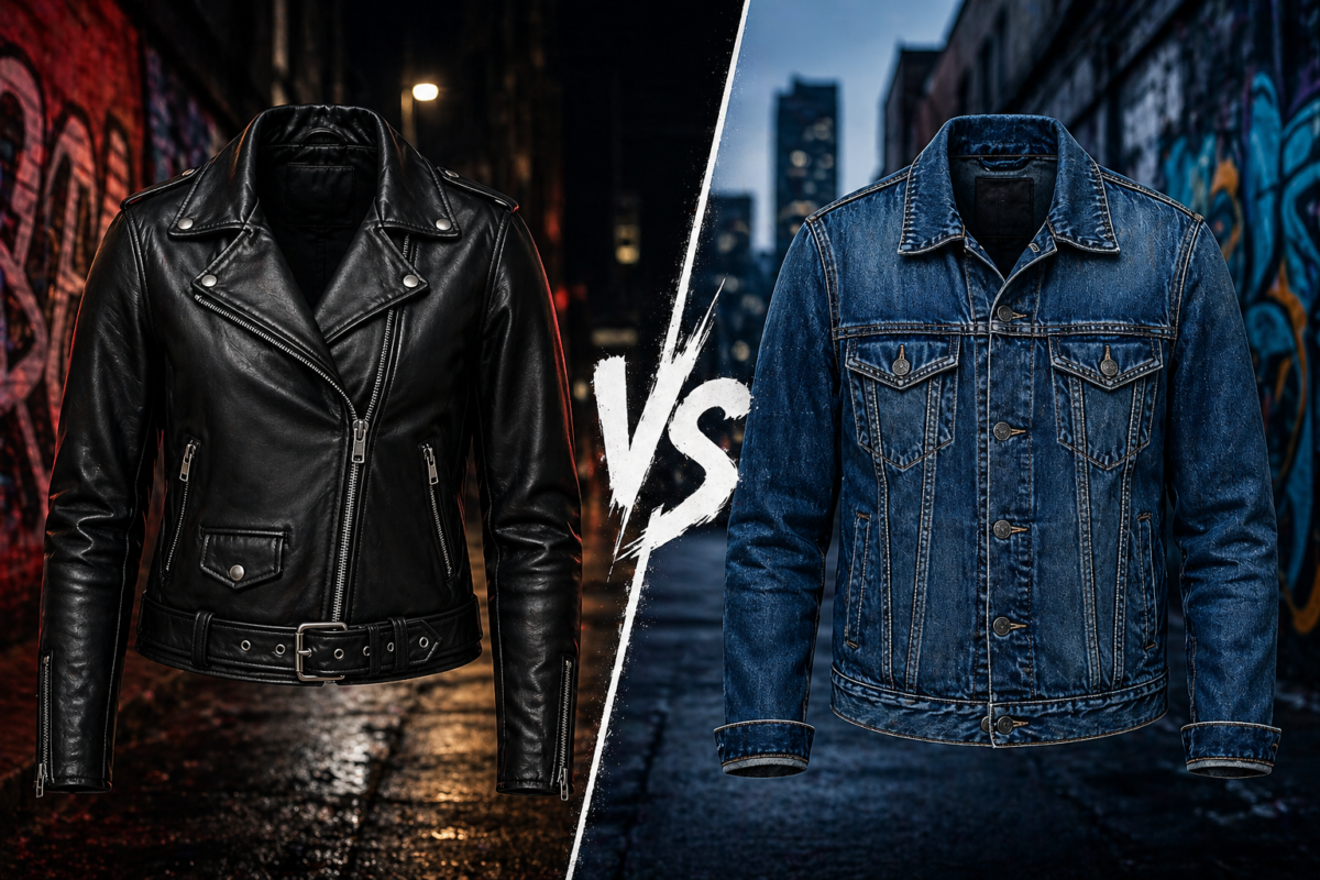 Faux moto leather jacket vs denim jacket