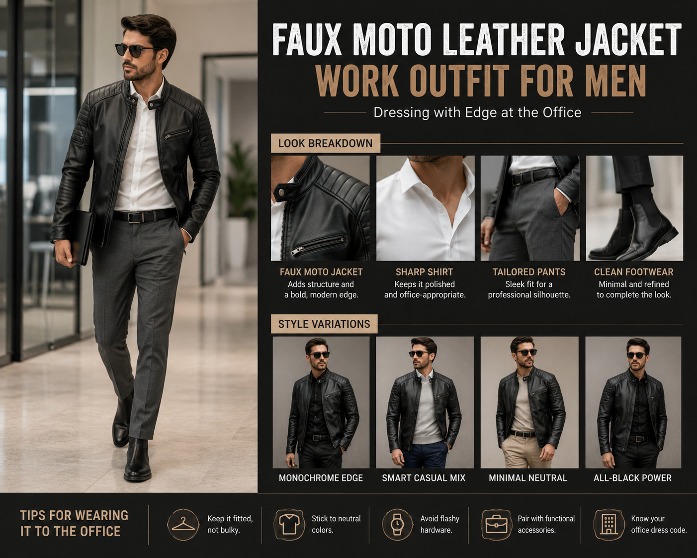 Faux Moto Leather Jacket Work Outfit for Men: Dressing with Edge at the Office