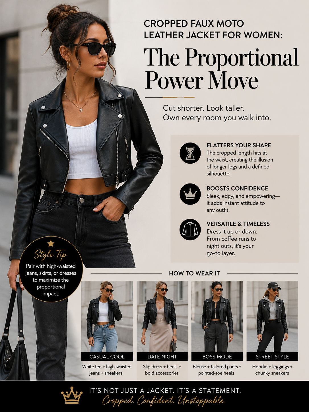 Cropped Faux Moto Leather Jacket for Women