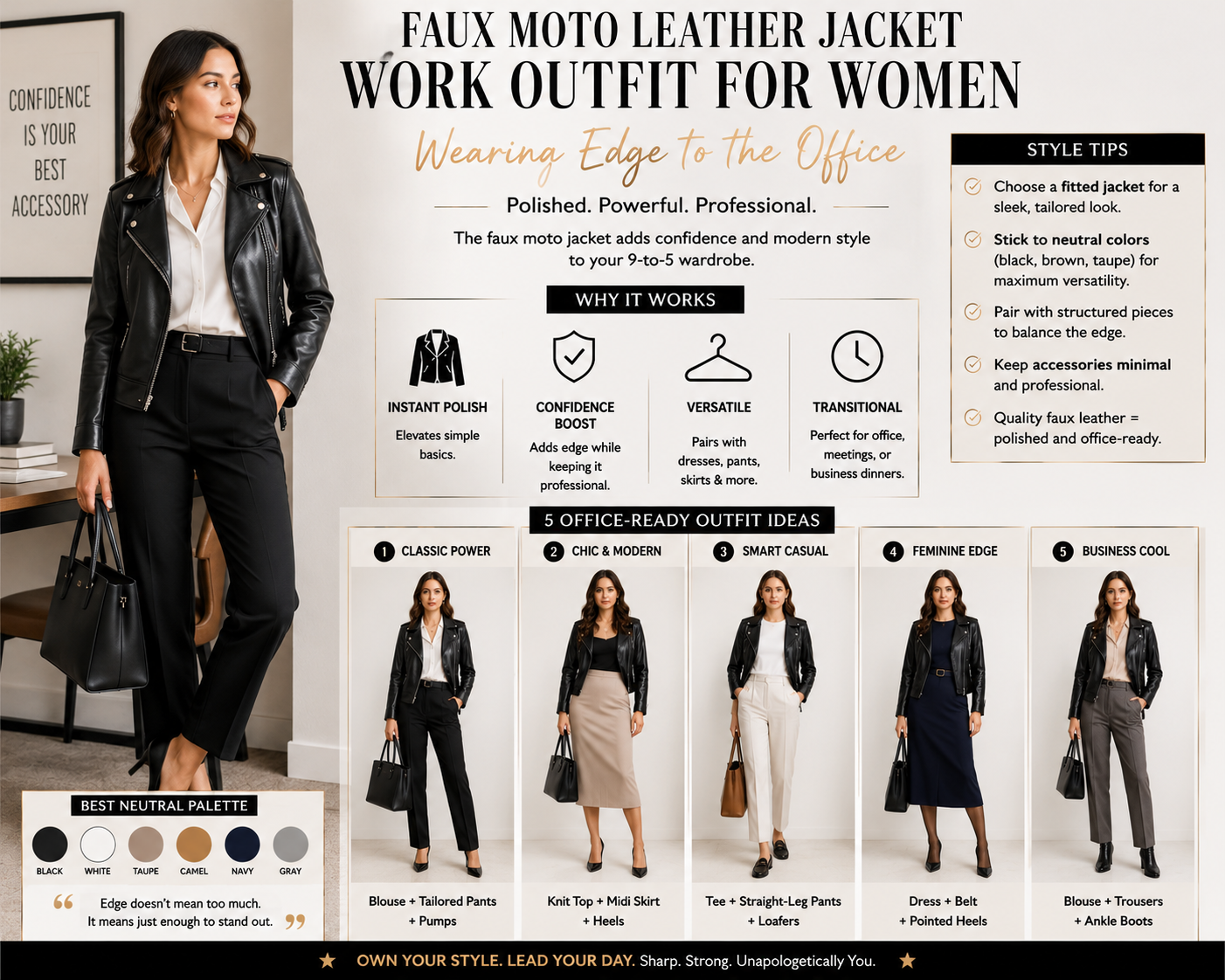 Faux Moto Leather Jacket Work Outfit for Women