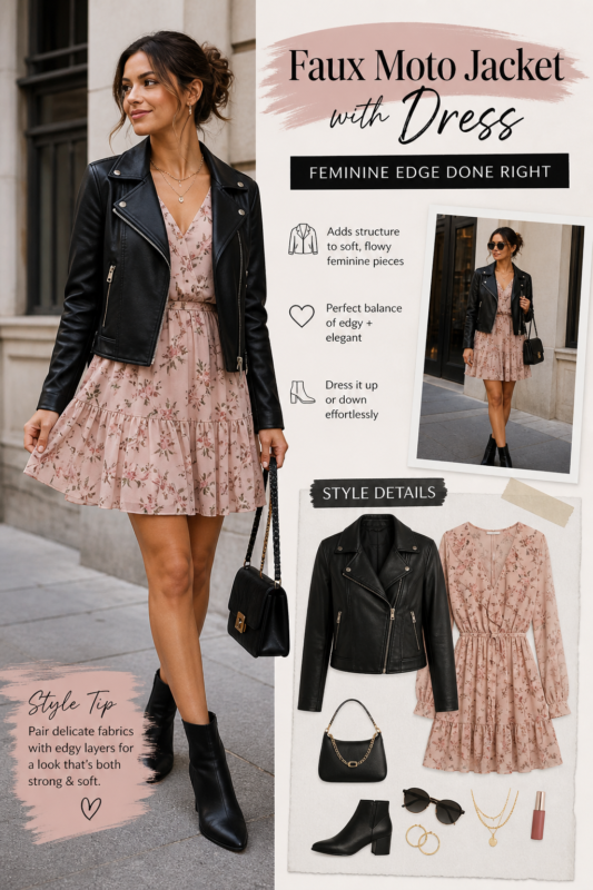 Faux Moto Jacket with Dress: Feminine Edge Done Right