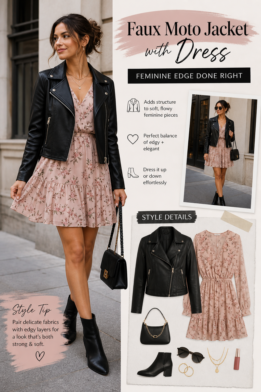 Faux Moto Jacket with Dress: Feminine Edge Done Right
